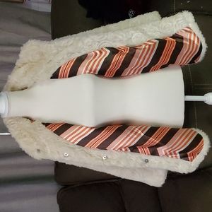 Cream Faux Fur Womens Coat with Orange Striped Lining